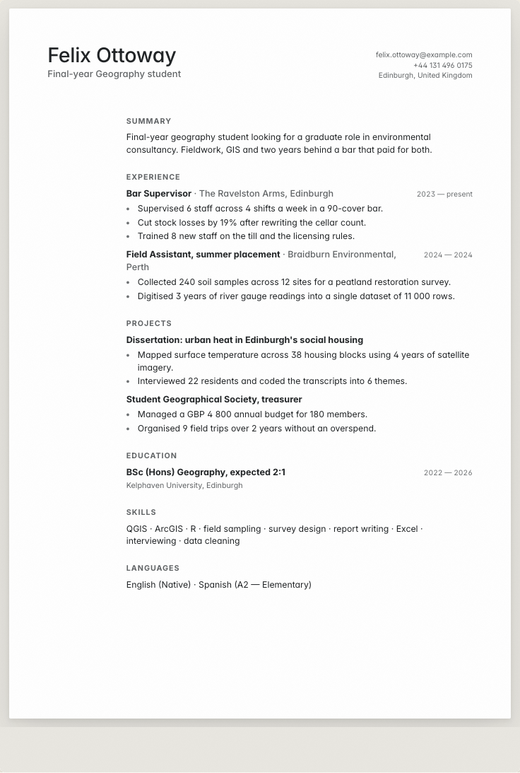 The student example résumé drawn as a complete page in the Minimal design: name, summary, the roles with their bullet lines, education and a skills row