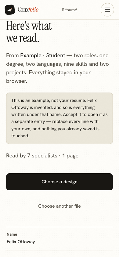 The same import review on a 390 pixel phone screen, with the example notice above the accept button