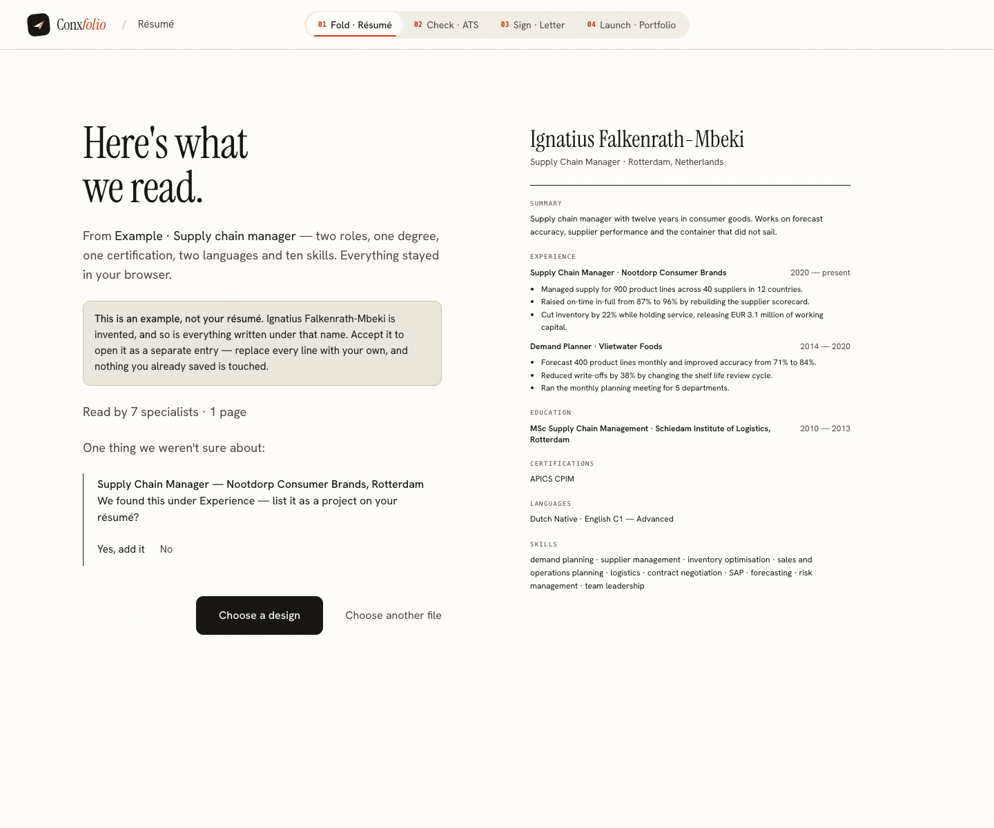 The Conxfolio import review after the door opened, showing Ignatius Falkenrath-Mbeki's example read into fields beside the rendered page, with the line saying it is an example