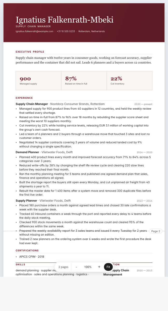 The supply chain manager example résumé drawn as a complete page in the Imprint design: name, summary, three dated roles with five lines under each, education, the qualification and a skills row