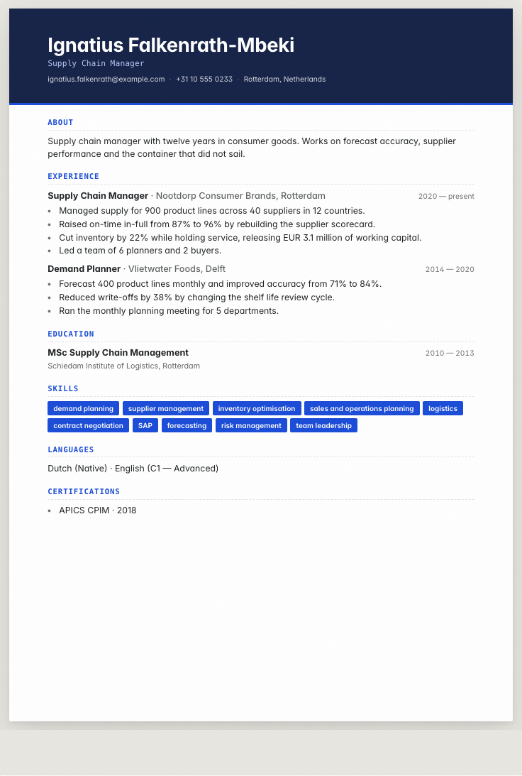 The supply chain manager example résumé drawn as a complete page in the Monoline design: name, summary, the roles with their bullet lines, education and a skills row