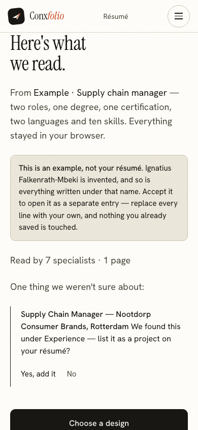 The same import review on a 390 pixel phone screen, with the example notice above the accept button