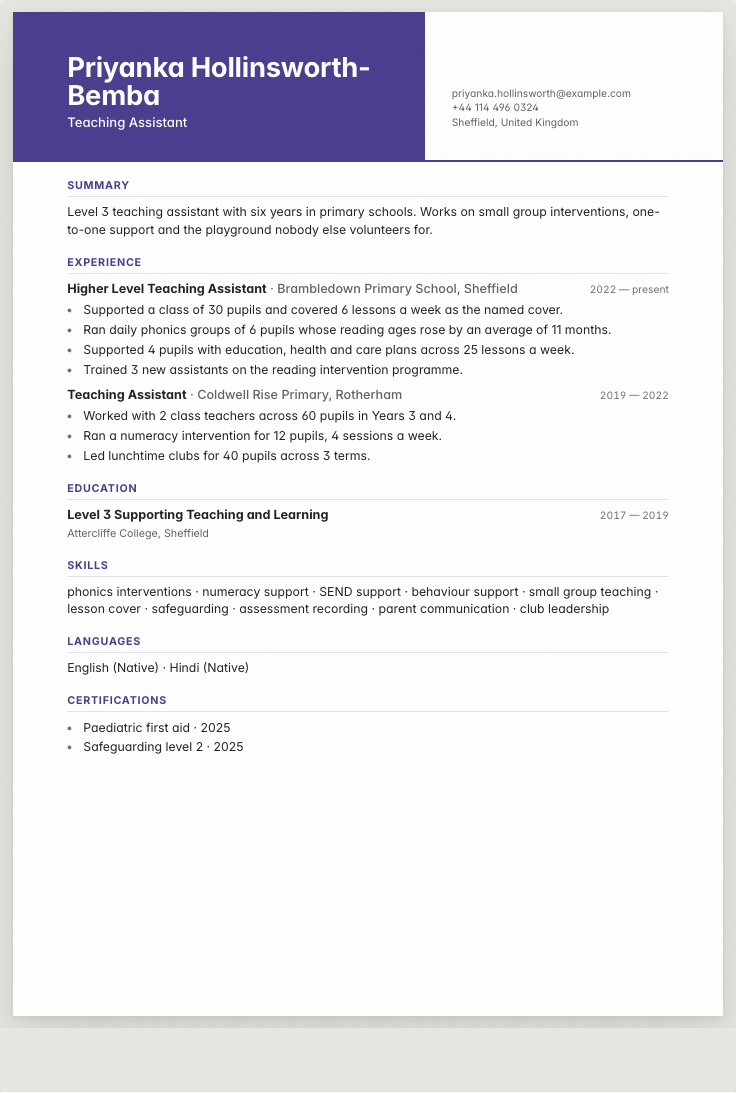 The teaching assistant example résumé drawn as a complete page in the Duotone design: name, summary, the roles with their bullet lines, education and a skills row