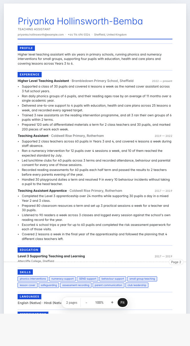 The teaching assistant example résumé drawn as a complete page in the Placard design: name, summary, three dated roles with five lines under each, education, certificates and a skills row