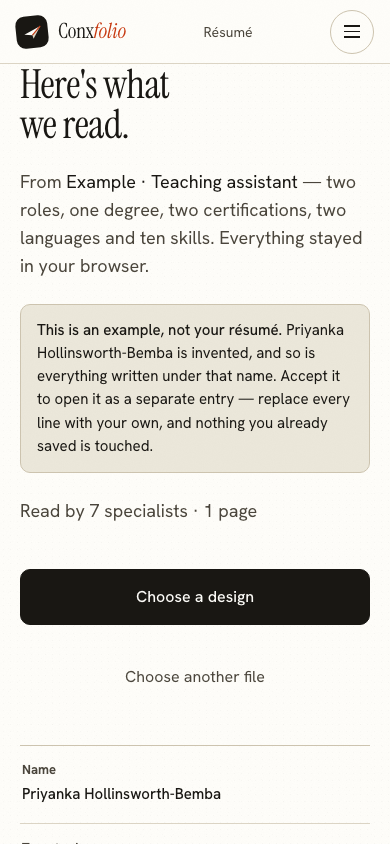 The same import review on a 390 pixel phone screen, with the example notice above the accept button