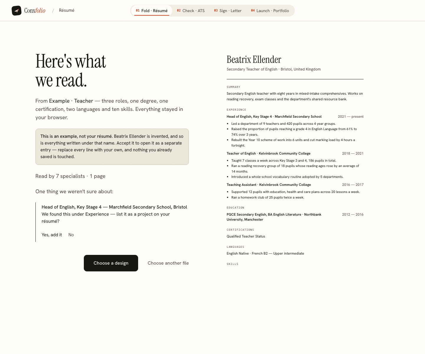 The Conxfolio import review after the door opened, showing Beatrix Ellender's example read into fields beside the rendered page, with the line saying it is an example
