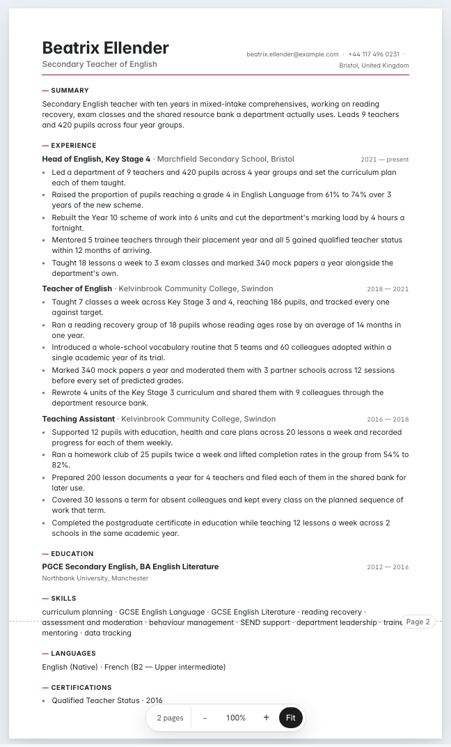 The teacher example résumé drawn as a complete page in the Bridge design: name, summary, three dated roles with five lines under each, education, skills, languages and qualified teacher status