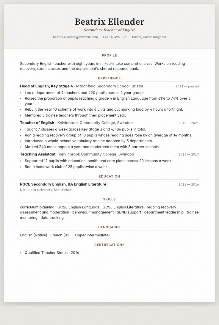 The teacher example résumé drawn as a complete page in the Vellum design: name, summary, the roles with their bullet lines, education and a skills row