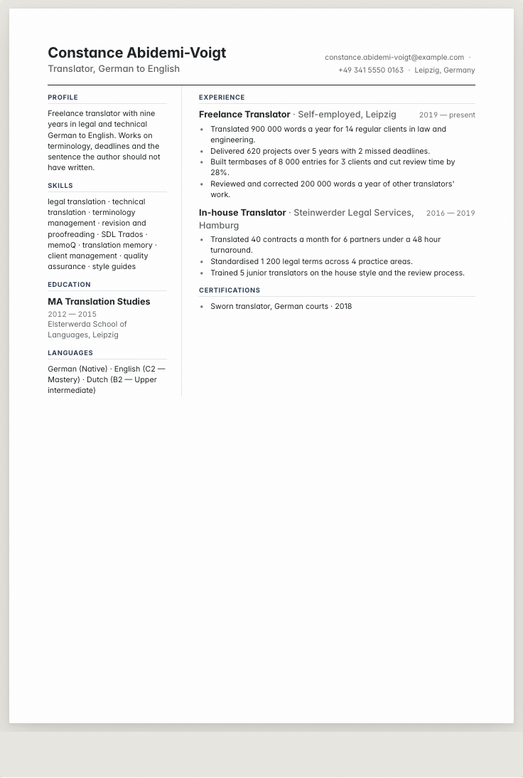 The translator example résumé drawn as a complete page in the Slim design: name, summary, the roles with their bullet lines, education and a skills row