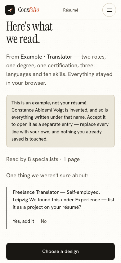 The same import review on a 390 pixel phone screen, with the example notice above the accept button