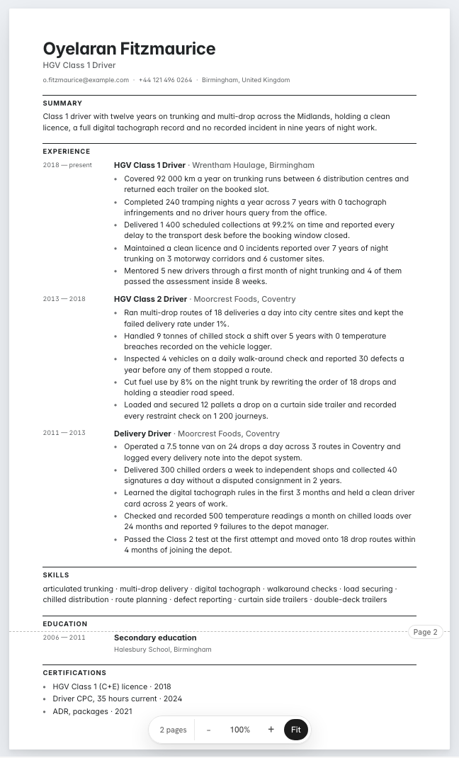 The hgv driver example résumé drawn as a complete page in the Ledger design: name, summary, three dated roles with five bullet lines each, education, certifications and a skills row