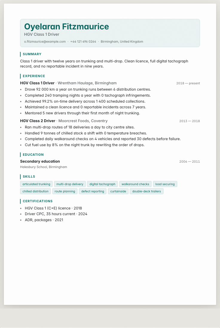 The hgv driver example résumé drawn as a complete page in the Nexus design: name, summary, the roles with their bullet lines, education and a skills row