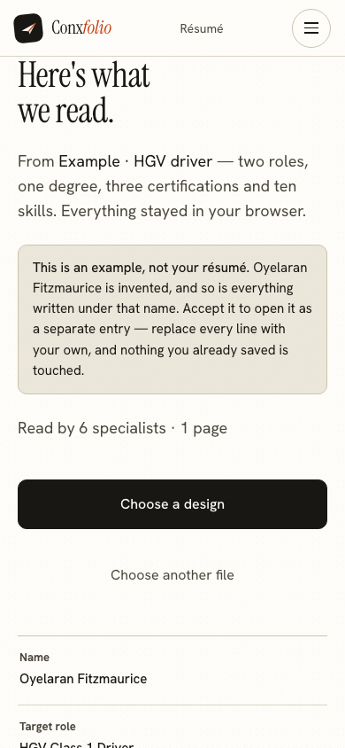 The same import review on a 390 pixel phone screen, with the example notice above the accept button