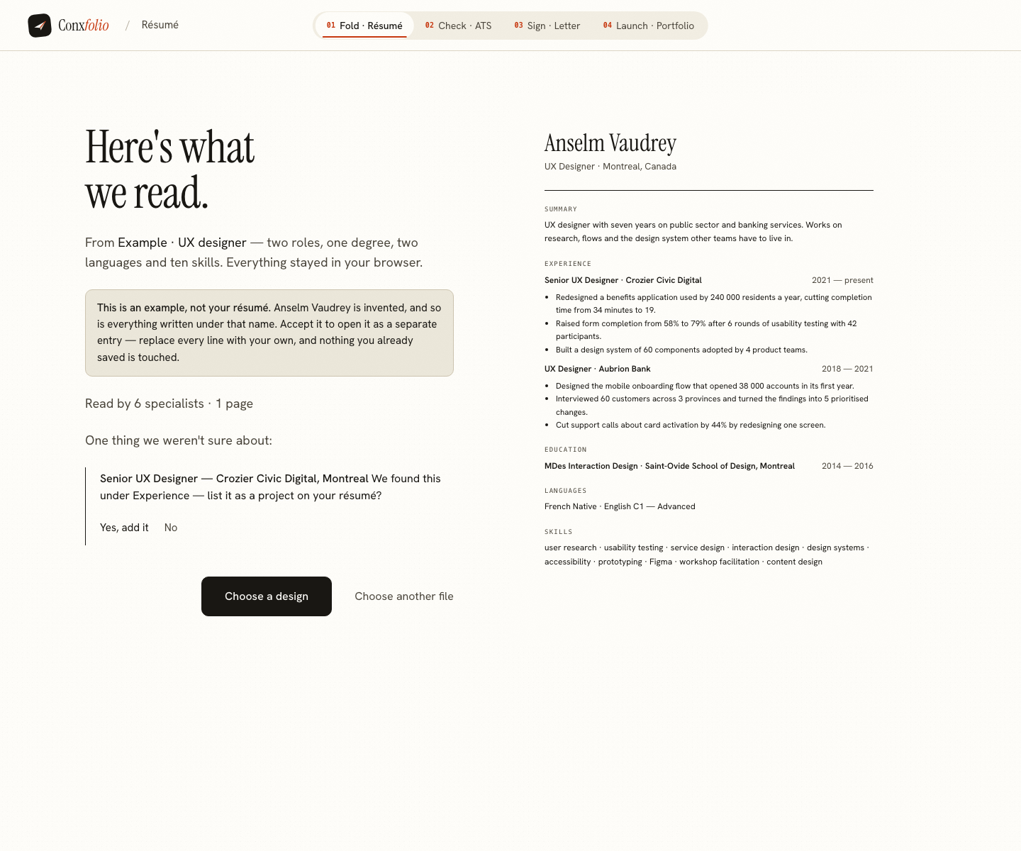 The Conxfolio import review after the door opened, showing Anselm Vaudrey's example read into fields beside the rendered page, with the line saying it is an example