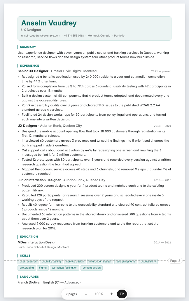 The UX designer example résumé drawn as a complete page in the Nexus design: name, summary, three dated roles with five achievement lines under each, education and a skills row