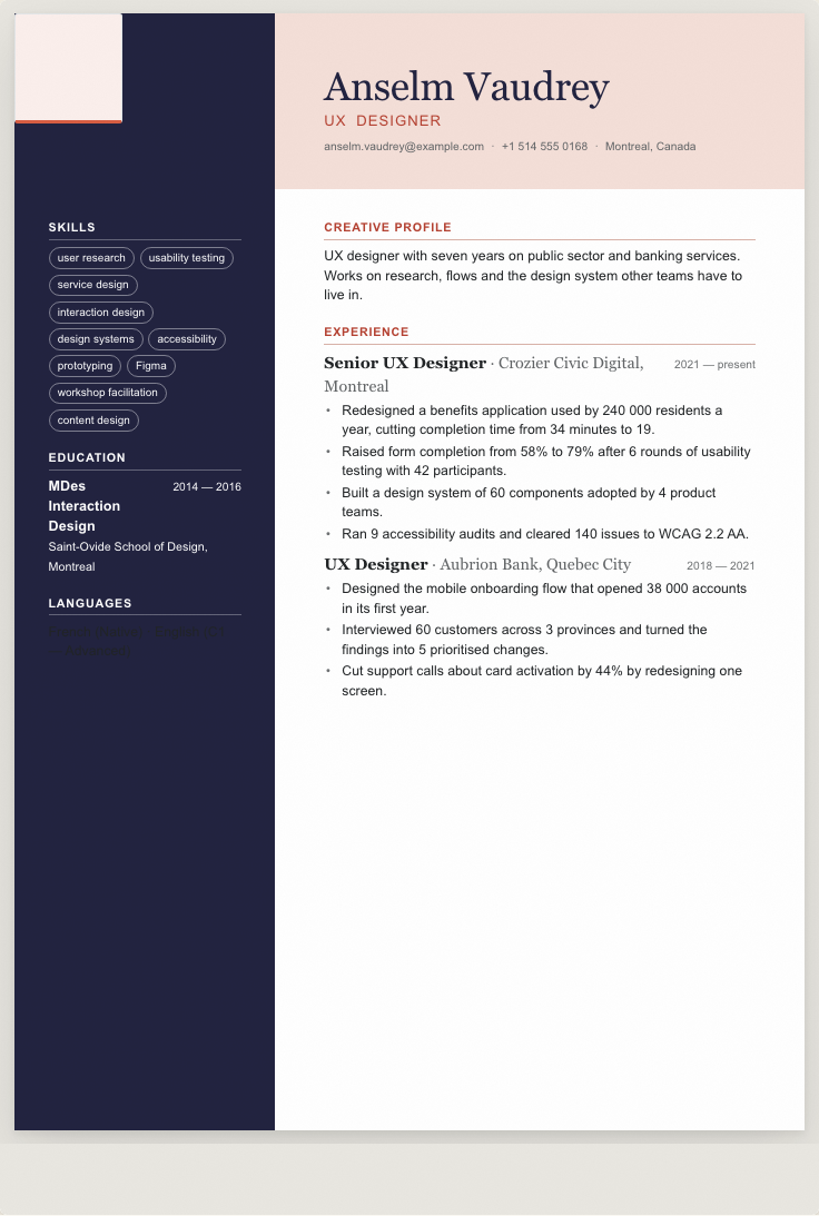The ux designer example résumé drawn as a complete page in the Studio design: name, summary, the roles with their bullet lines, education and a skills row