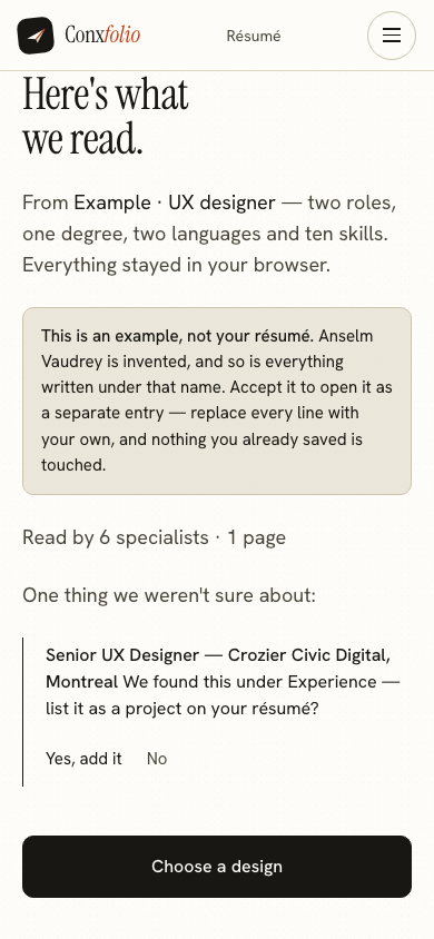 The same import review on a 390 pixel phone screen, with the example notice above the accept button