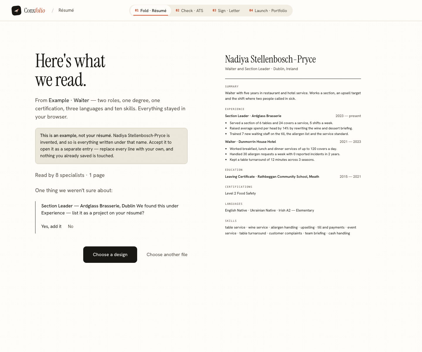 The Conxfolio import review after the door opened, showing Nadiya Stellenbosch-Pryce's example read into fields beside the rendered page, with the line saying it is an example