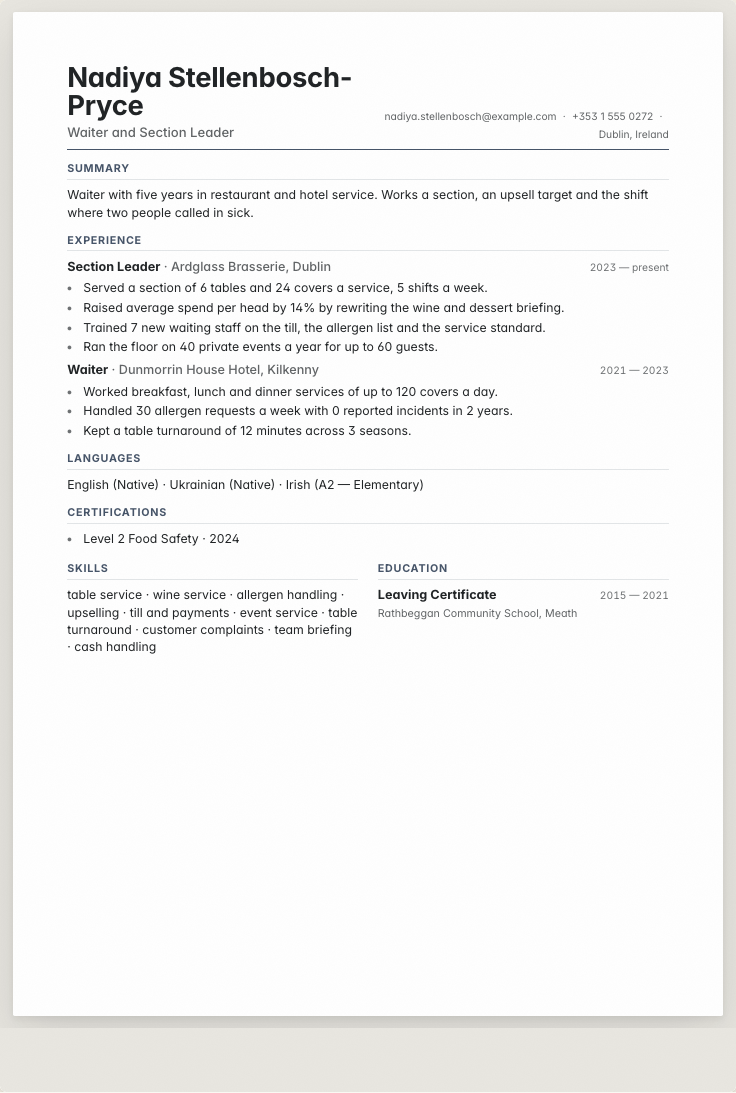 The waiter example résumé drawn as a complete page in the Compact design: name, summary, the roles with their bullet lines, education and a skills row