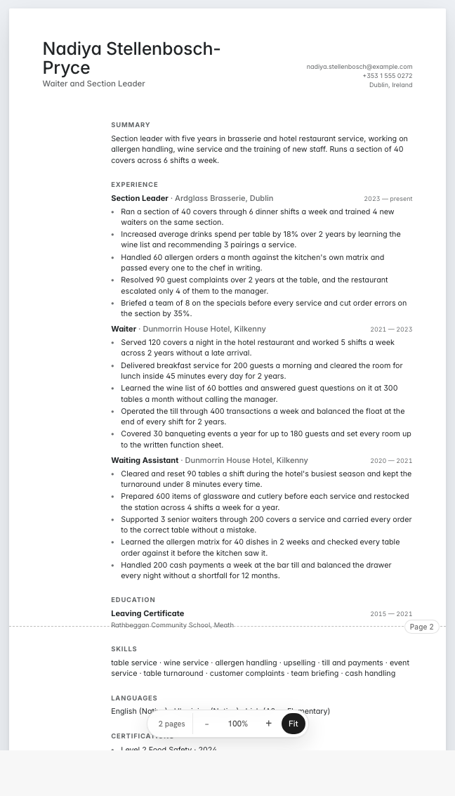 The waiter example résumé drawn as a complete page in the Minimal design: name, summary, three dated roles with five achievement lines each, education, skills and languages