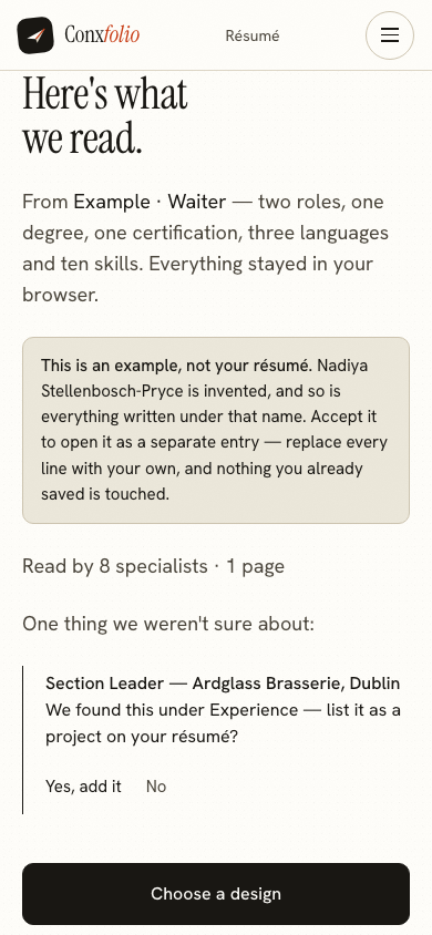 The same import review on a 390 pixel phone screen, with the example notice above the accept button