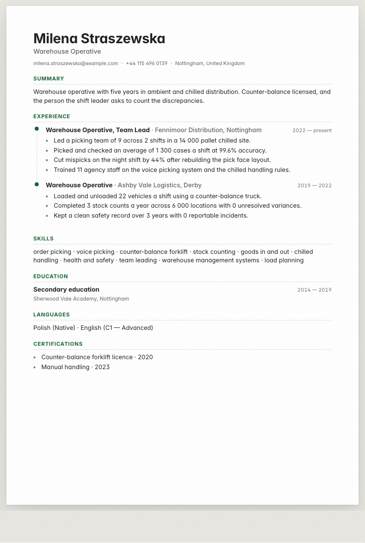 The warehouse operative example résumé drawn as a complete page in the Timeline design: name, summary, the roles with their bullet lines, education and a skills row
