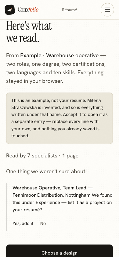 The same import review on a 390 pixel phone screen, with the example notice above the accept button