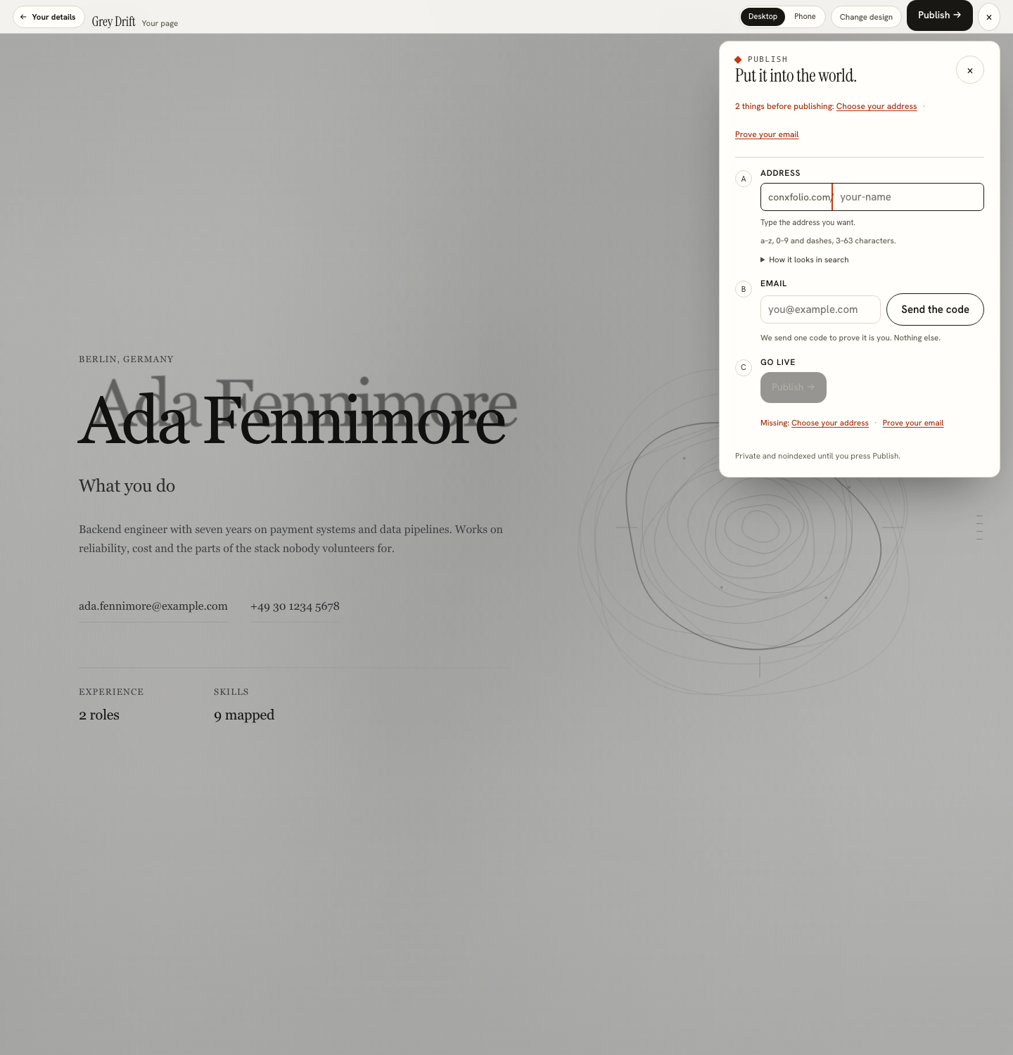 The Conxfolio publish sheet over a rendered portfolio page, showing the address field, the email step and the go-live step