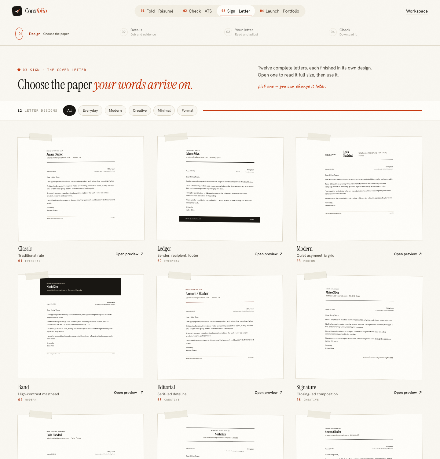 The Conxfolio cover letter design gallery, each design rendered as a complete letter rather than a thumbnail