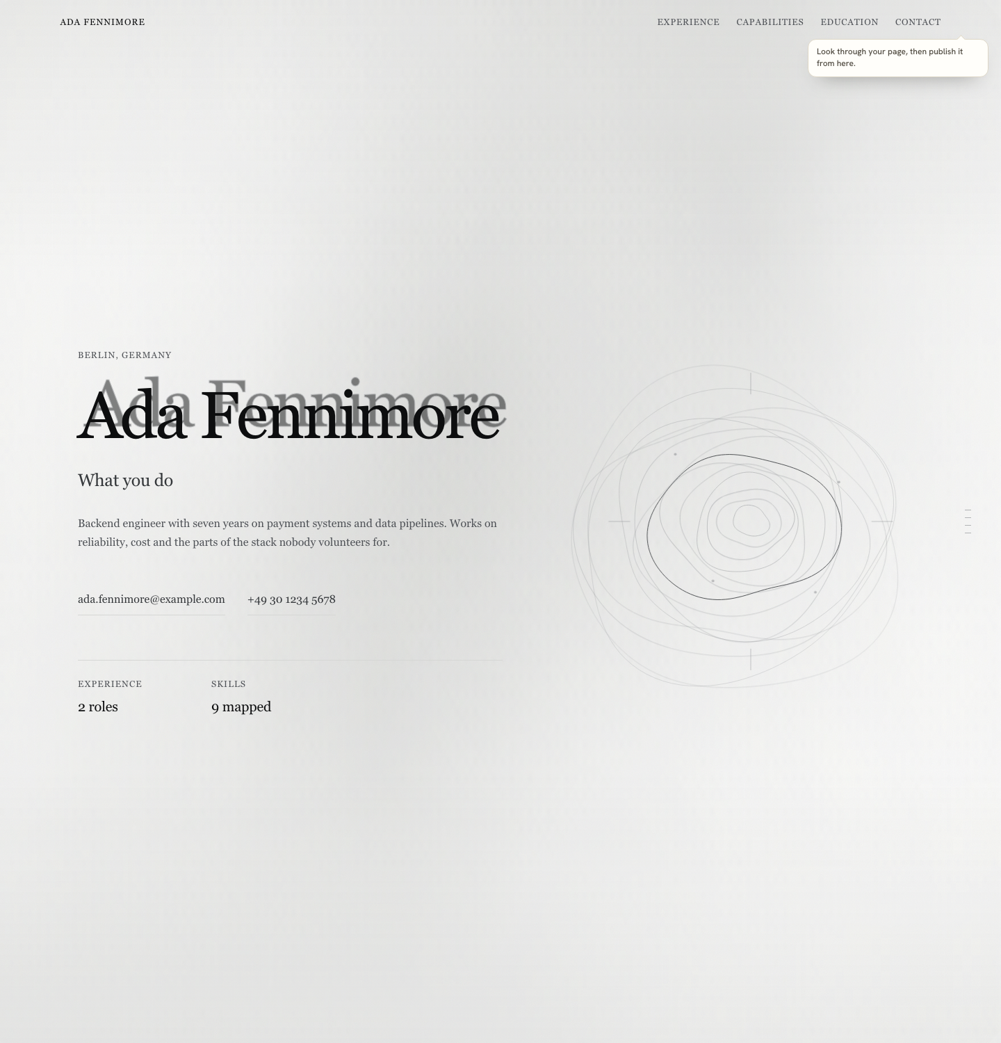 A rendered Conxfolio portfolio page open over the builder at desktop width, with the design name and the desktop and phone switches above it