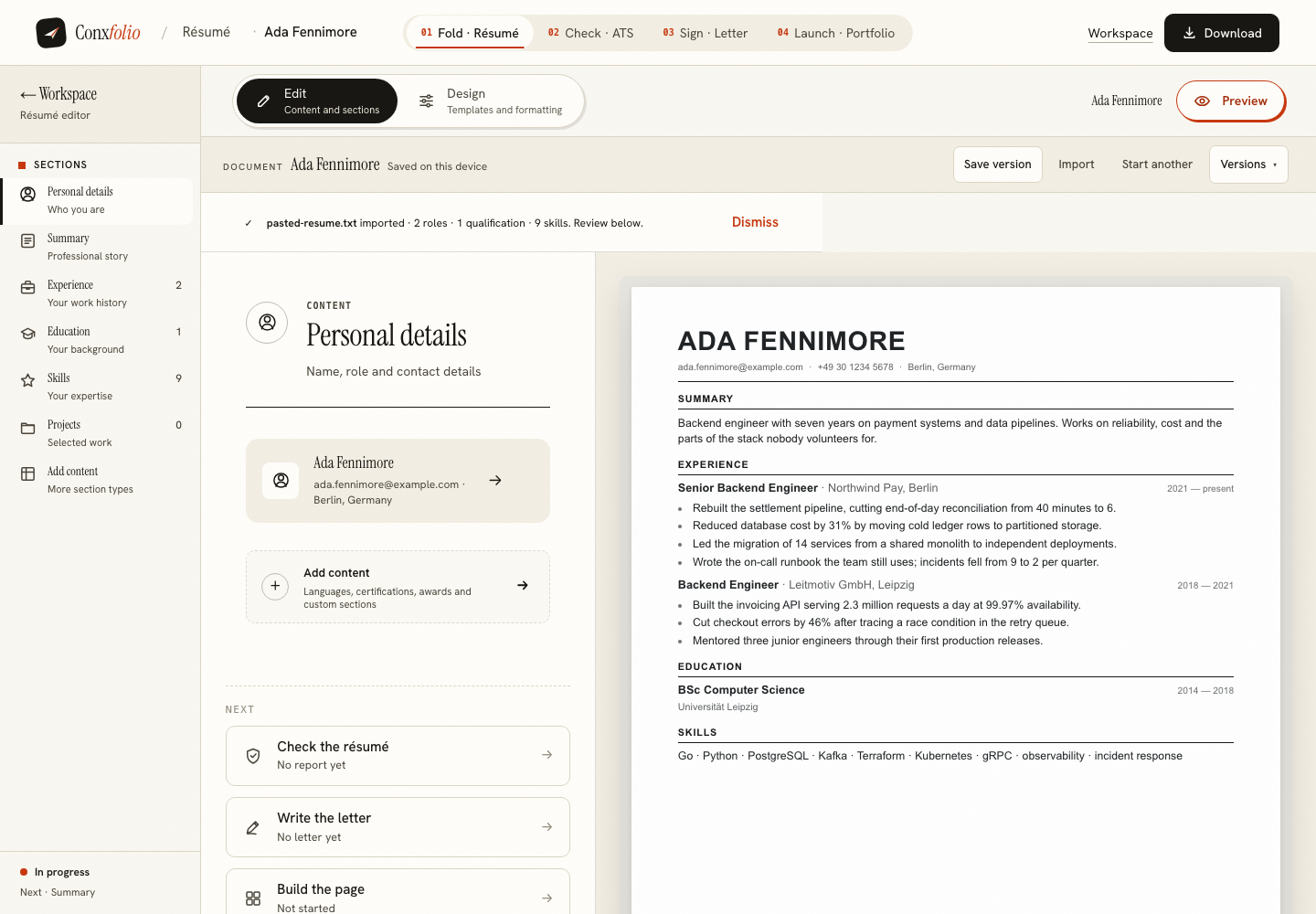 The Conxfolio résumé editor: a sections rail on the left, the focused editor in the middle, the live page on the right