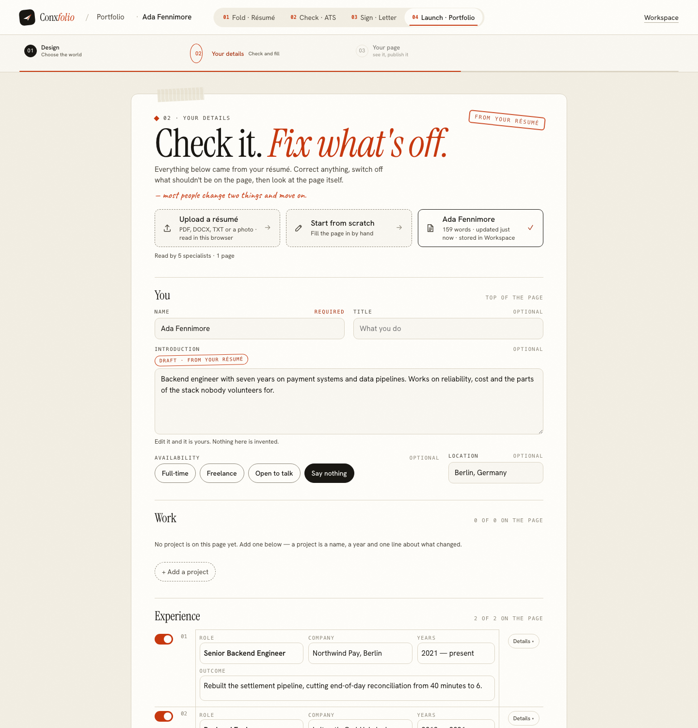 The Conxfolio portfolio details sheet after an import, showing the You, Work, Experience, Skills, More and Contact sections with their on-the-page counters