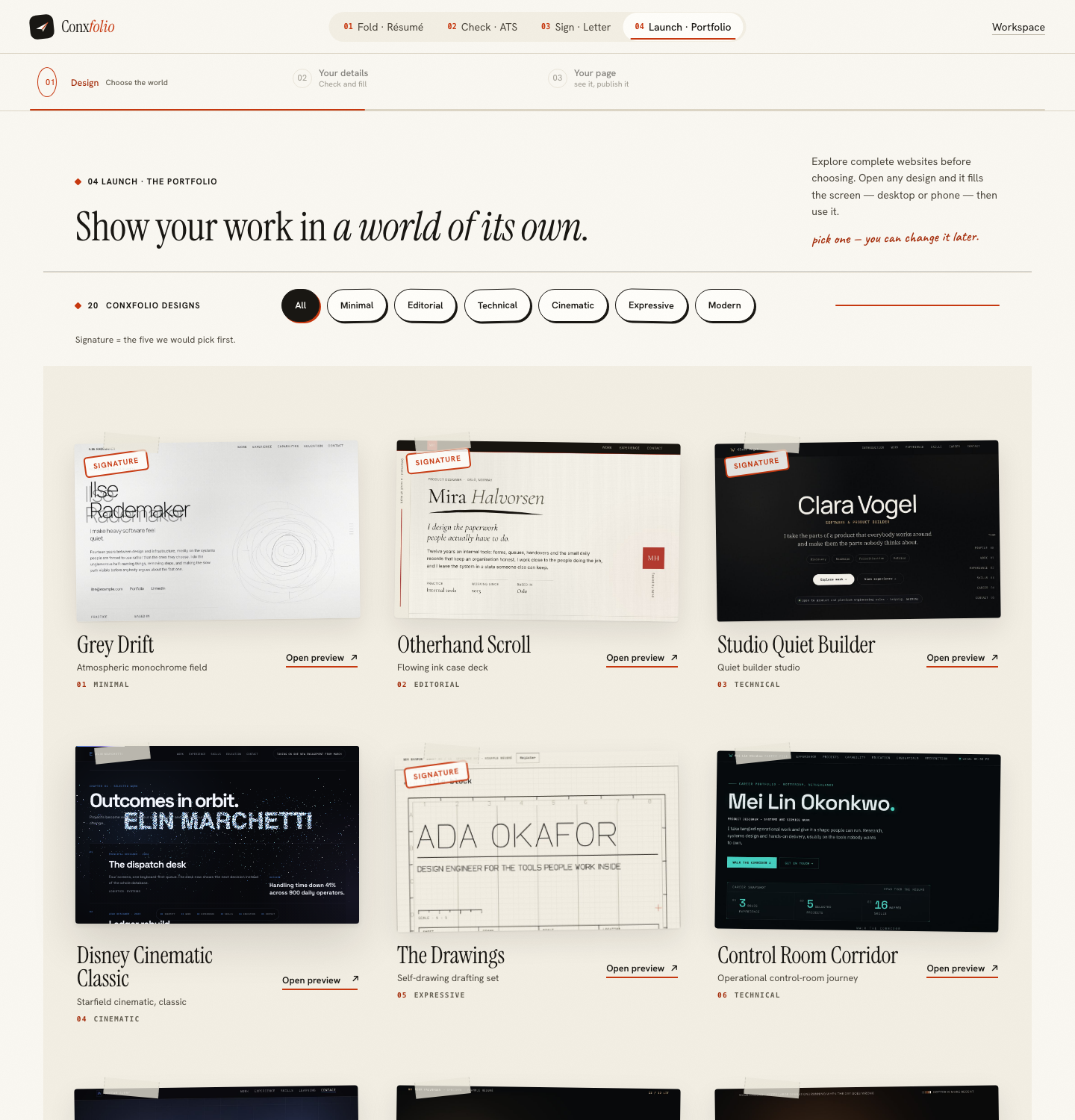 The Conxfolio portfolio design gallery showing twenty complete authored pages with direction filters along the top