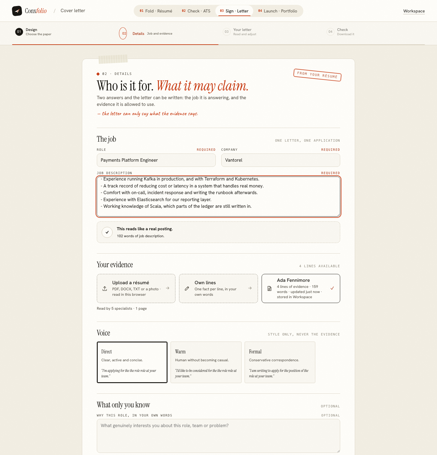 The Conxfolio details step with a posting pasted in, showing the confirmation that it reads like a real posting and the word count of the job description