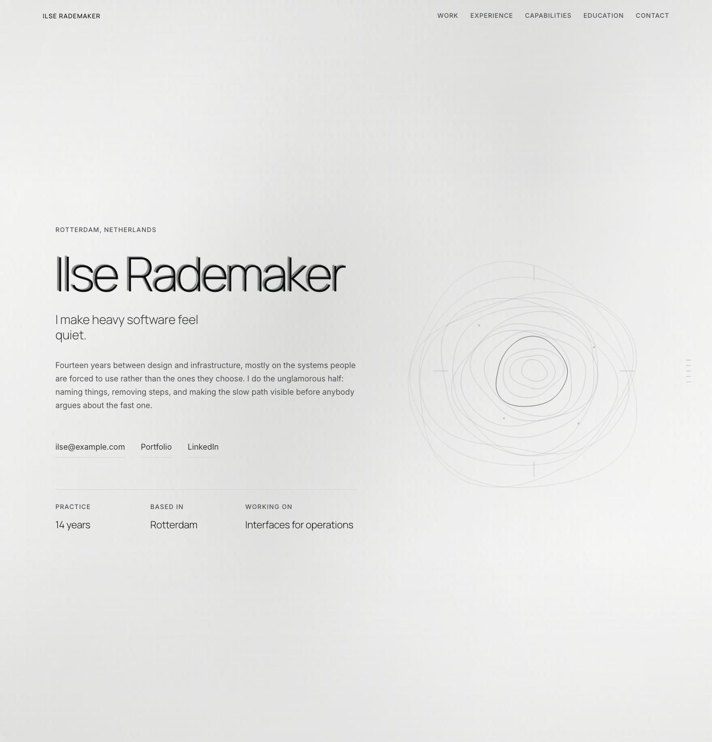 A Conxfolio portfolio design open full screen over the gallery, with its name, direction, position in the set and the desktop and phone switches
