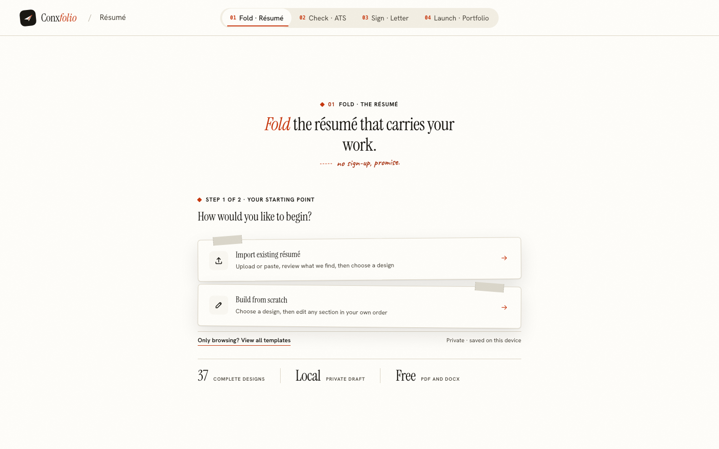 The Conxfolio résumé builder's first screen, marked no sign-up promise, private saved on this device, free PDF and DOCX