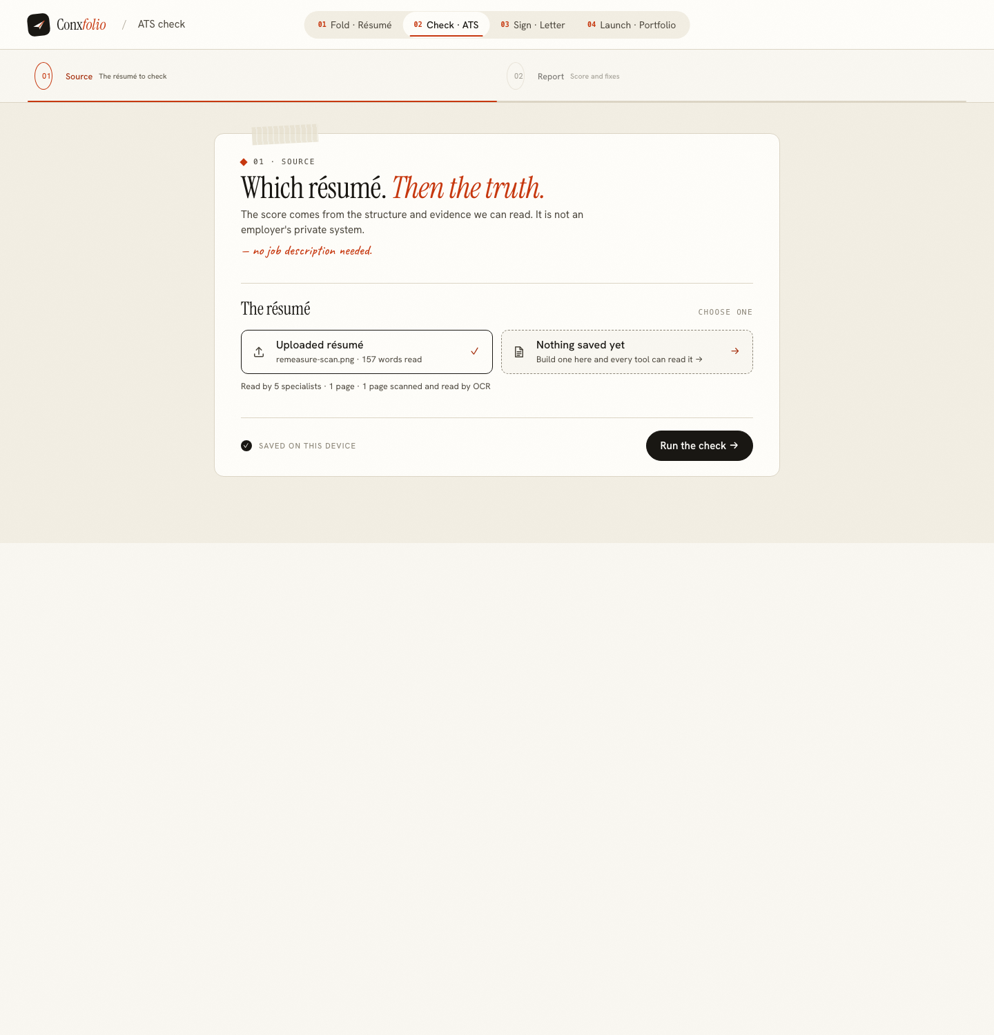 The ATS checker source step after reading a scanned PNG, reporting 157 words read