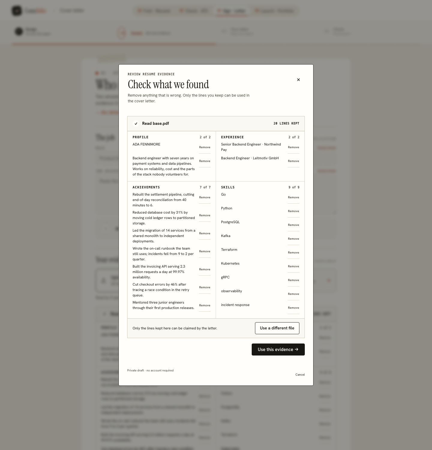 The cover letter evidence strip showing an uploaded résumé with twenty lines kept from the PDF