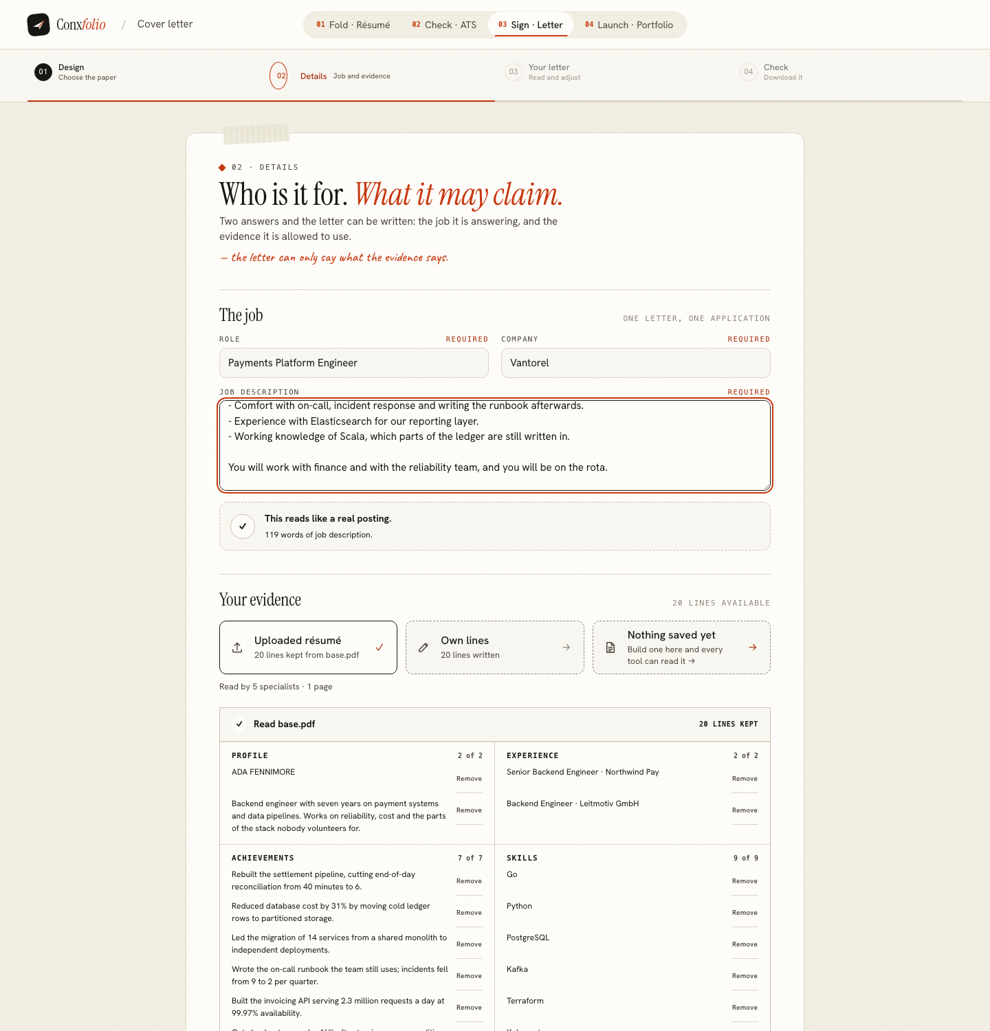 Step 02 of the cover letter builder, asking for role, company, job description and evidence