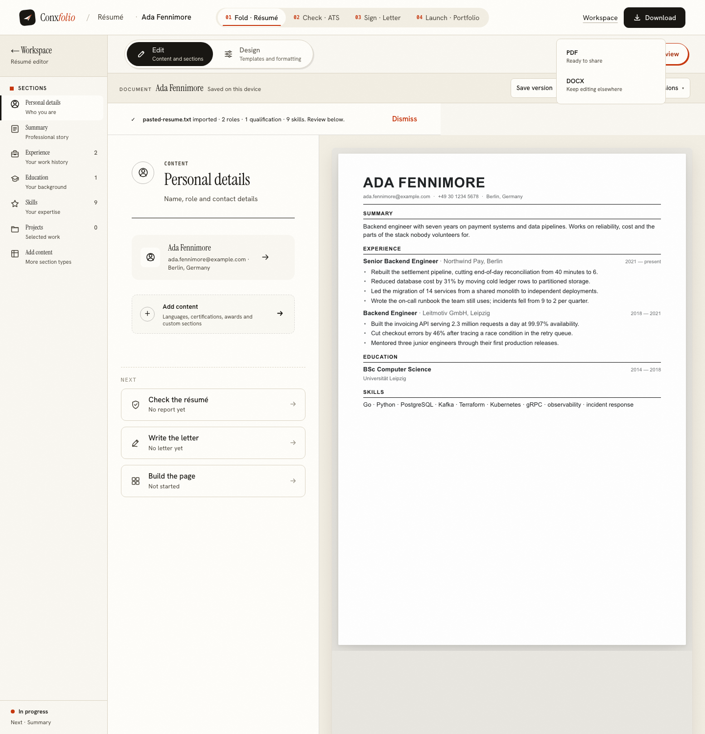 The résumé editor with the rendered page beside the content column