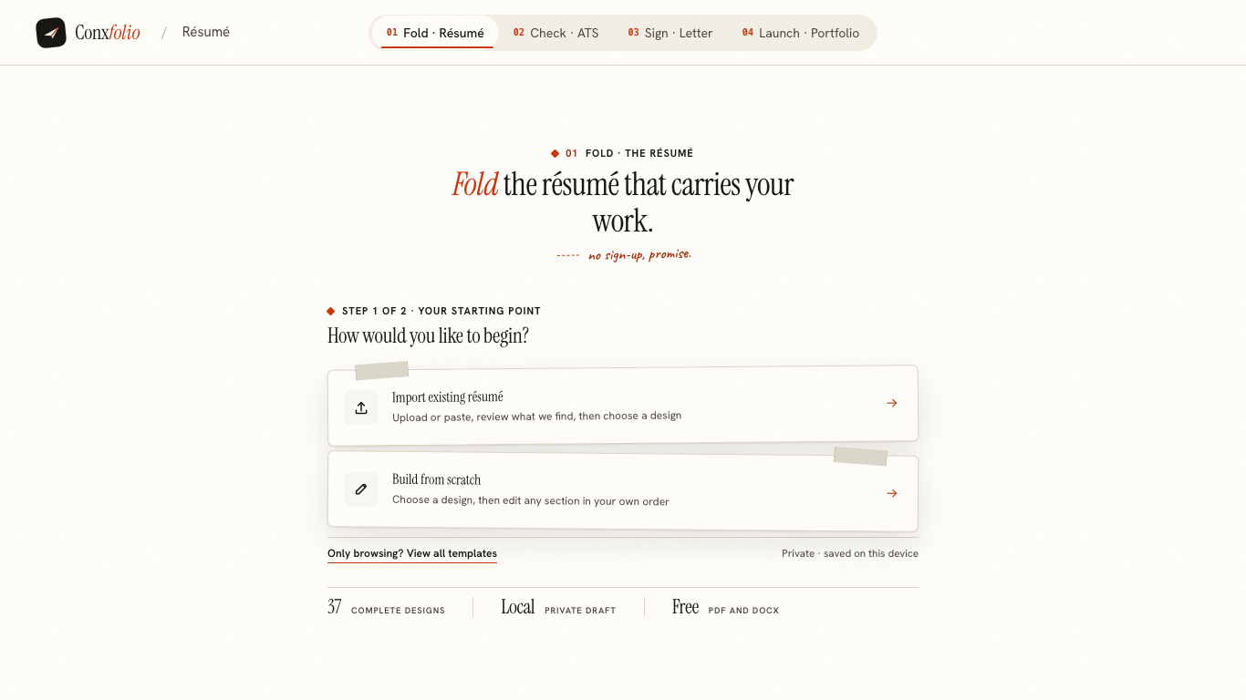 The Conxfolio résumé builder's first screen at 1366 by 768, the panel size a low-cost Chromebook ships with