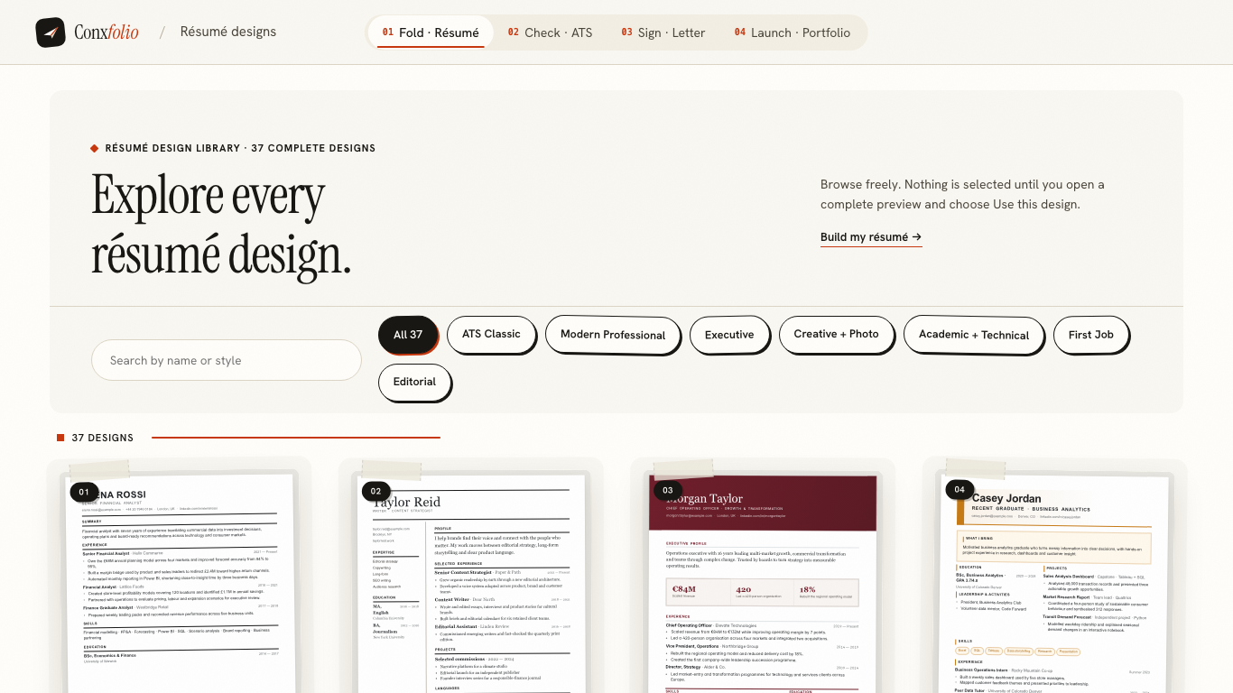 The résumé design gallery at 1366 by 768