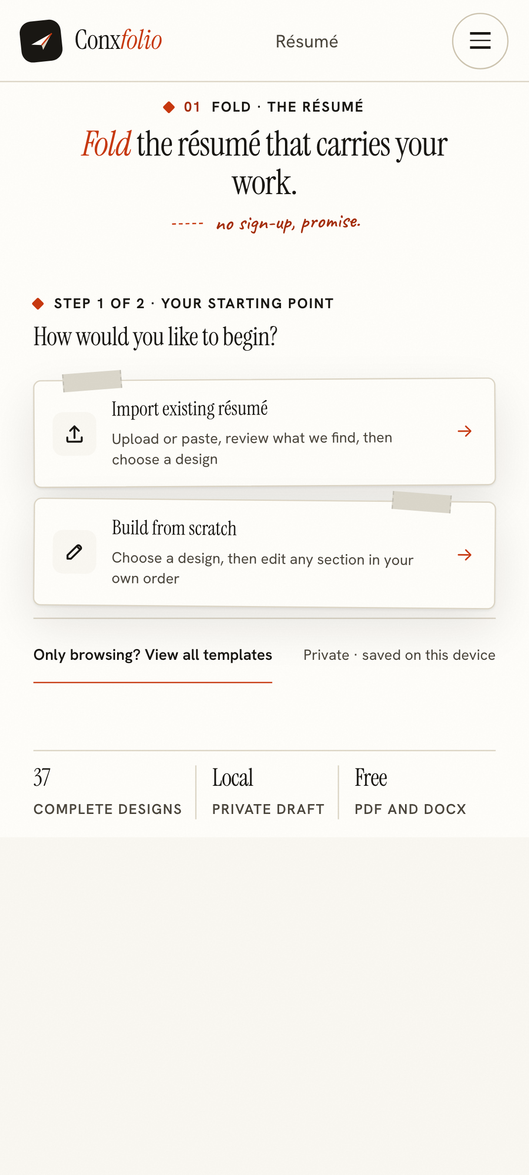 The Conxfolio résumé builder's first screen rendered at 412 pixels wide, the width an Android phone browser reports