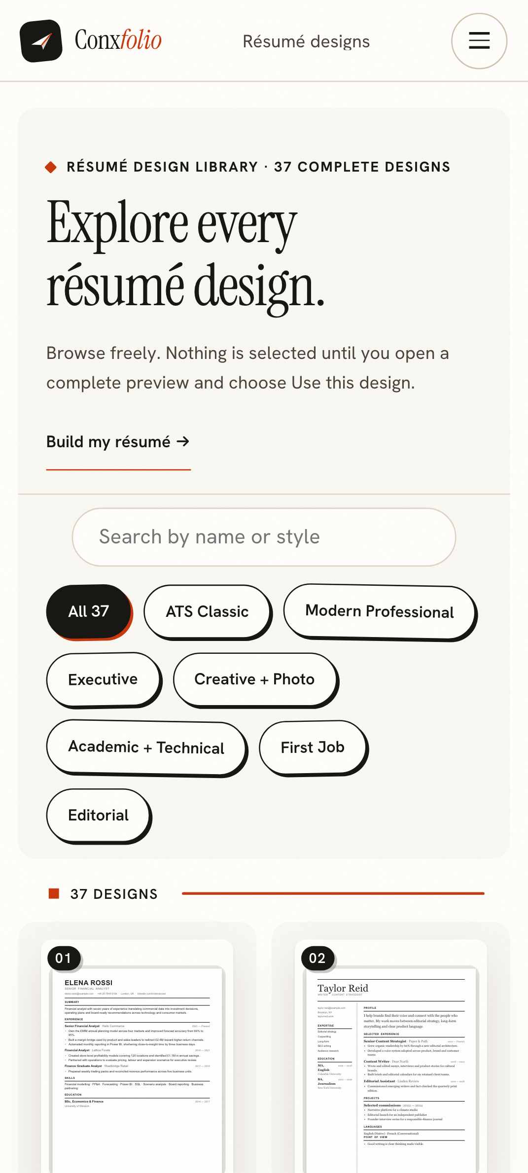 The résumé design gallery rendered at 412 pixels wide, one card per row