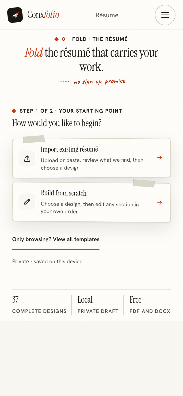 The Conxfolio résumé builder's first screen rendered at 390 pixels wide, offering import or build from scratch