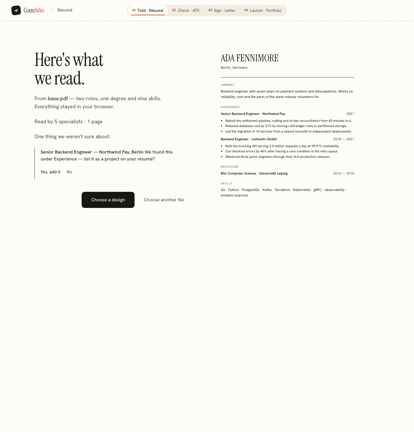 The import review after a PDF was read back in, showing the fields beside the text they came from