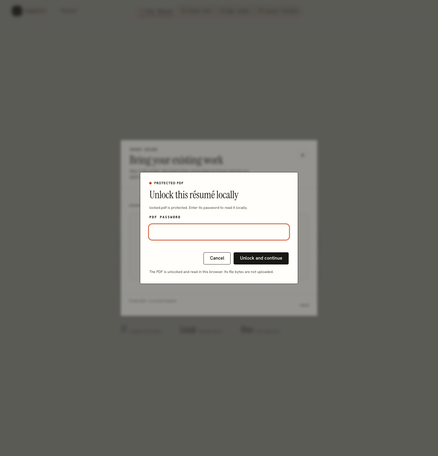 The import dialog asking for the password of a protected PDF, stating that the file is unlocked and read in this browser