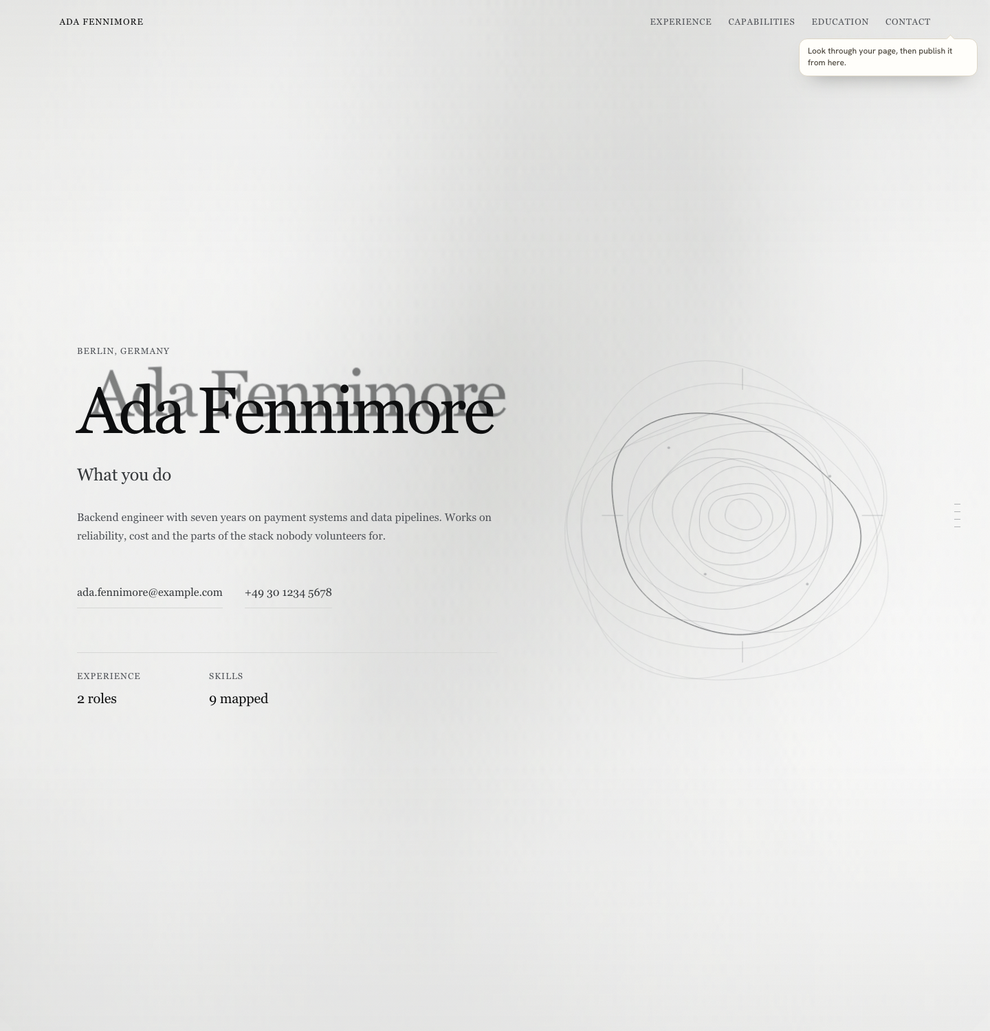 Step 03 showing the person's own portfolio page rendered over the builder with desktop and phone views