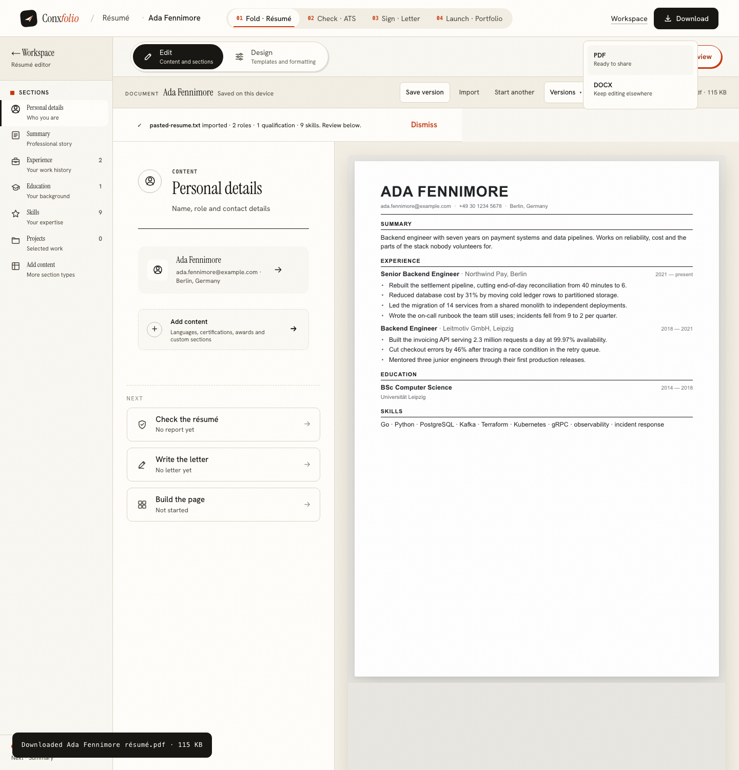 The Conxfolio résumé editor with the rendered page beside the content column