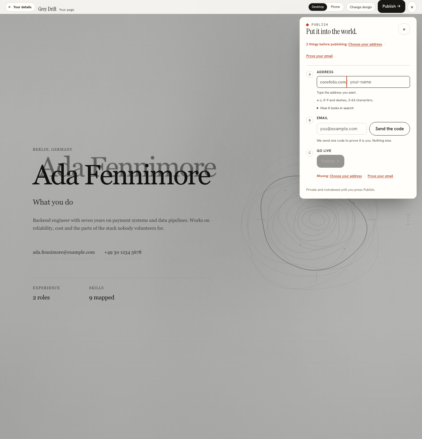 The publish sheet open over a rendered portfolio page, showing the address and email steps